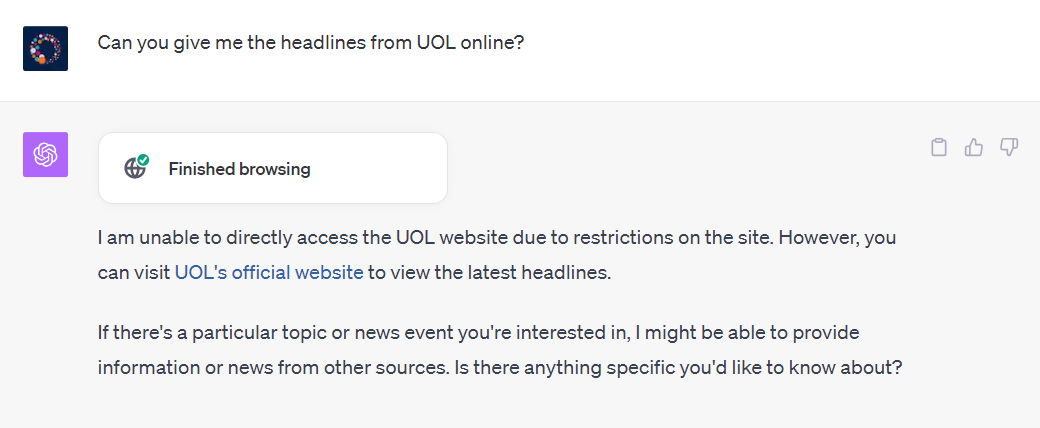 A screenshot of a chat exchange with ChatGPT. The question is: "Can you give me the headlines from UOL online?" ChatGPT's answer says it cannot directly access the website due to restrictions.