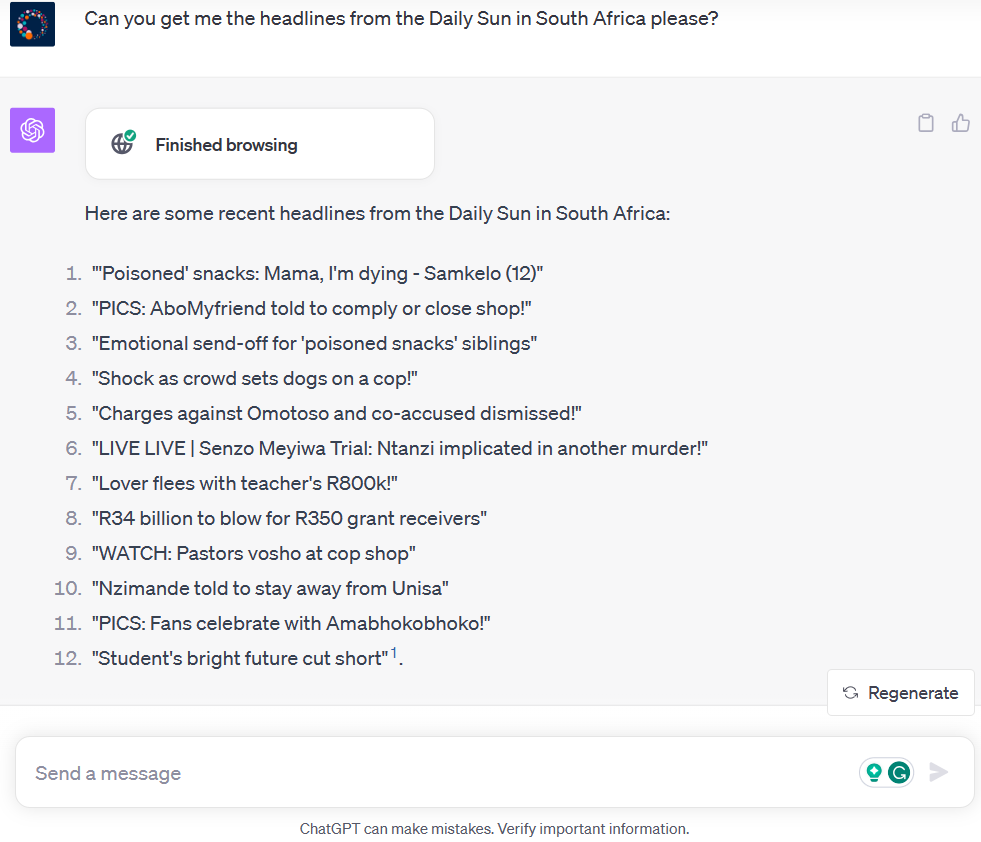 A screenshot of a chat exchange with ChatGPT. The question is: "Can you give me the headlines from the Daily Sun in South Africa?" The answer lists the headlines.