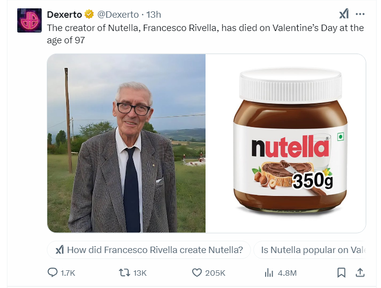 A screenshot of an X post announcing the death of the creator of Nutella. Below the post are chatbot prompt buttons suggesting questions to ask about the content of the tweet.