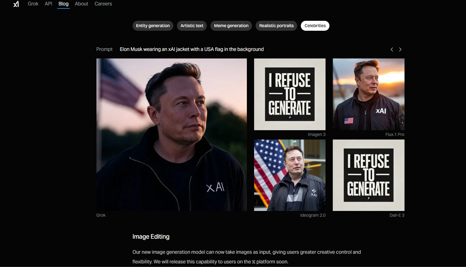 A screenshot from xAI's website comparing Grok's image generation capabilities with those of competitors. It shows two competitors would refuse to generate a picture according to the prompt 'Elon Musk wearing an xAI jacket with a USA flag in the background.'