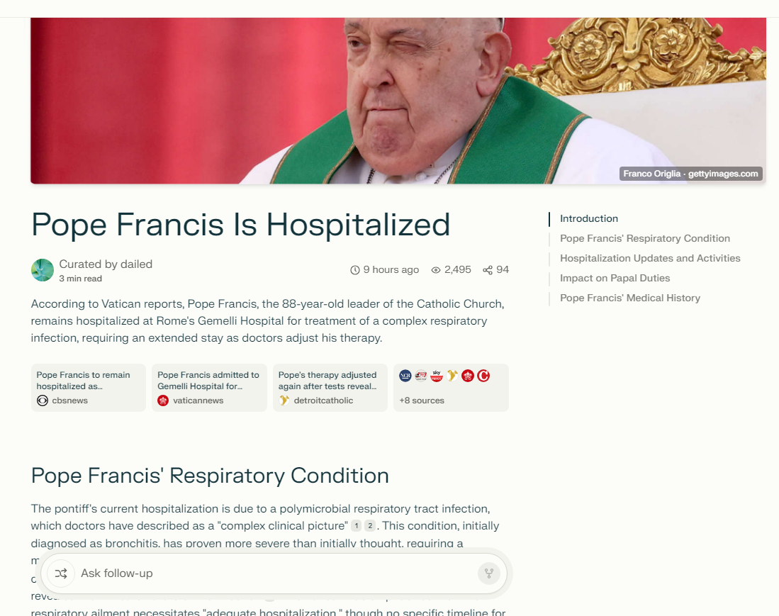 A screenshot showing a large image of Pope Francis and the title 'Pope Francis is hospitalized'above sections of text 