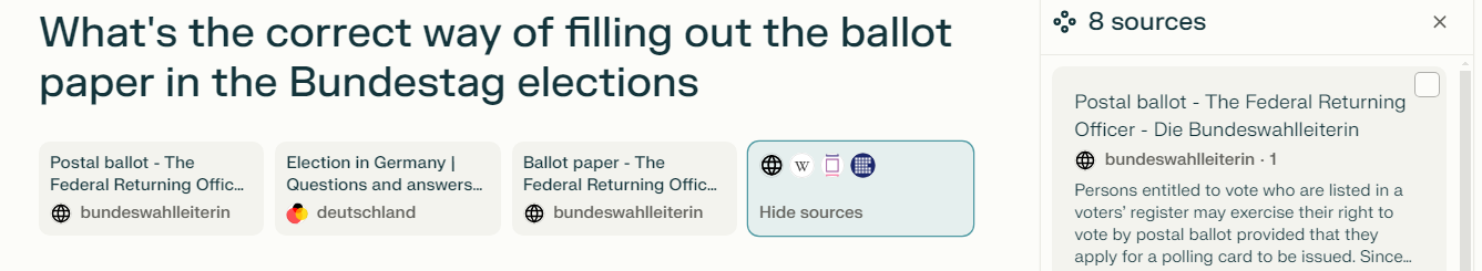 A screenshot of a chat with Perplexity.ai showing the question 'What's the correct way of filling out the ballot paper in the Bundestag elections' and some of the icons and brief descriptions of sources used for the response. Note that these are official institutional websites.