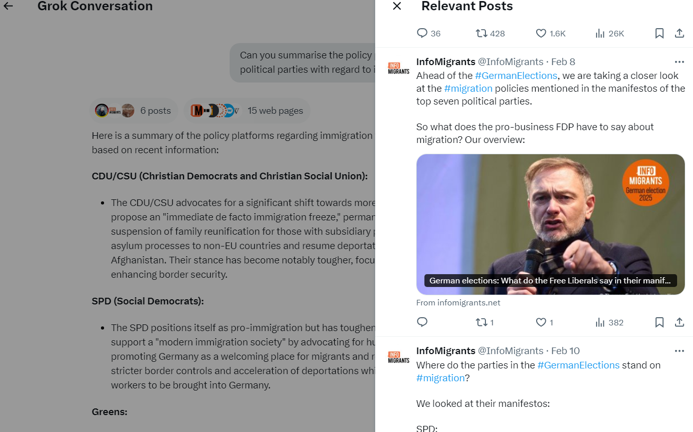 A screenshot of a Grok chat with the 'relevant posts' section of the sources selected, showing two posts by InfoMigrants.