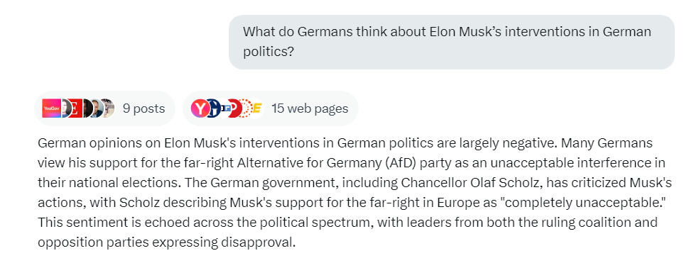 A screenshot of a chat exchange with Grok. The question is: "What do Germans think about Elon Musk's interventions in German politics?' The answer details how, according to polls and public statements, most Germans don't like it.