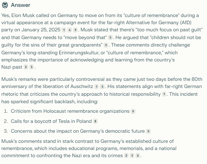 A screenshot of a chat exchange with Perplexity.ai. The text explains how Elon Musk called on Germany to move on from its culture of remembrance, provoking angry reactions from several groups.