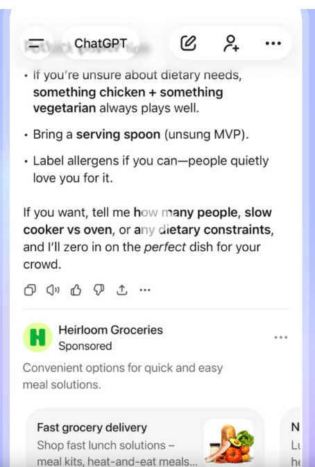 A screenshot showing a ChatGPT conversation in which a section at the bottom of a response about cooking suggestions is an ad for a meal kit service, separated by a line from the rest of the response and labelled 'Sponsored'. 