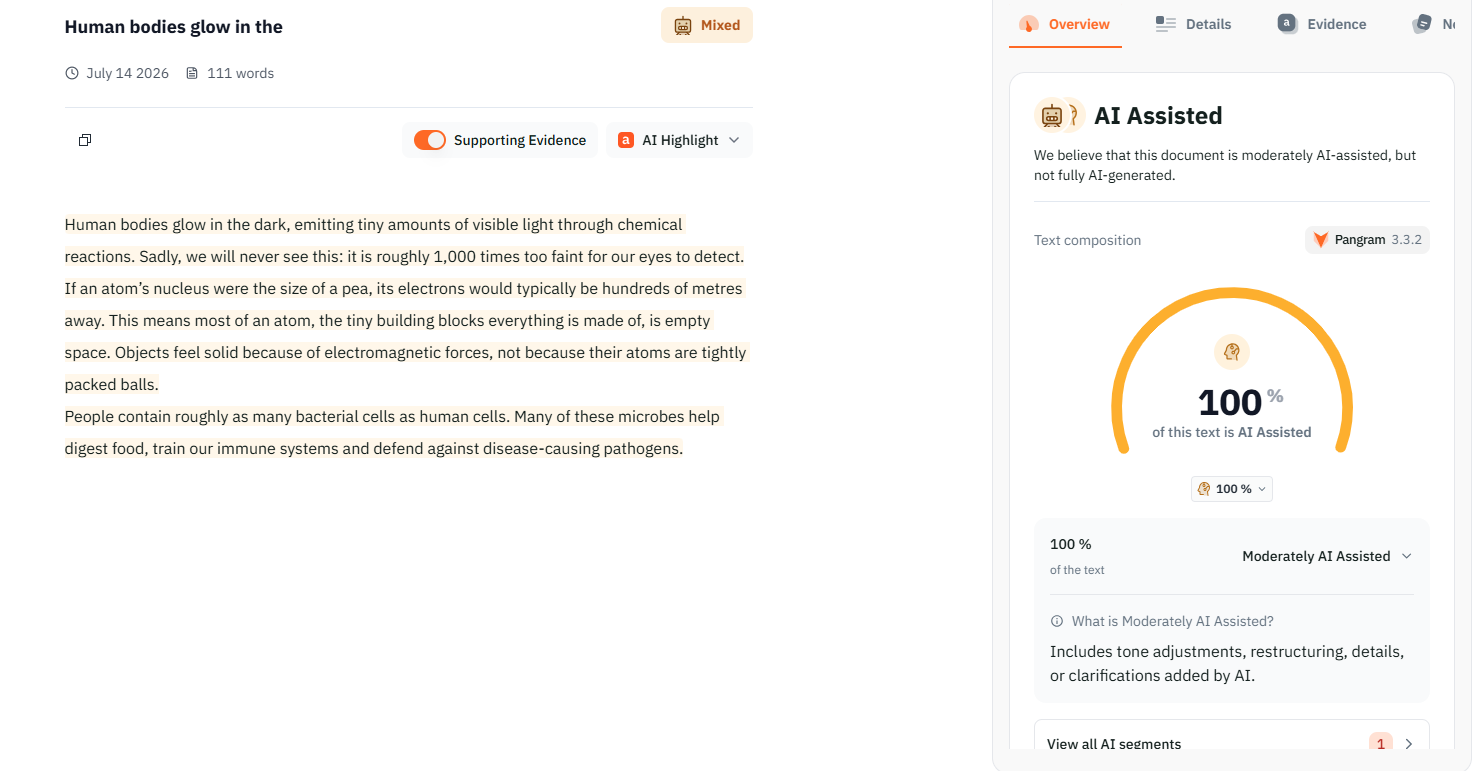 Screenshot of an AI-detection result showing a short highlighted text and a panel rating it as 100% moderately AI assisted.