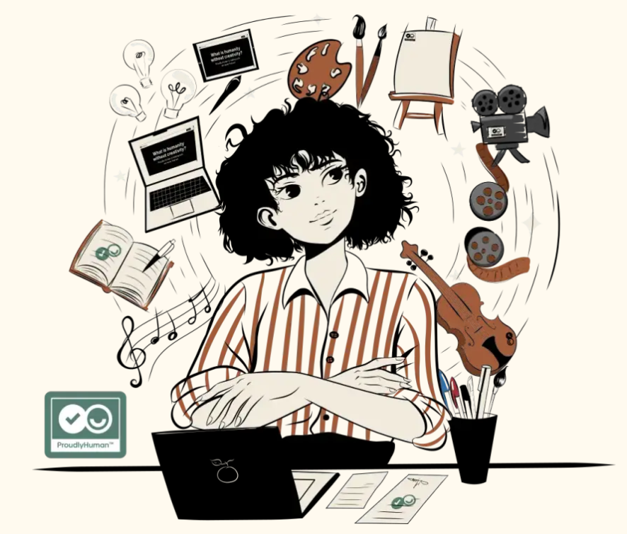 Illustration of a person at a laptop surrounded by symbols of creativity and media, with a “ProudlyHuman” badge emphasizing human-made creative work.
