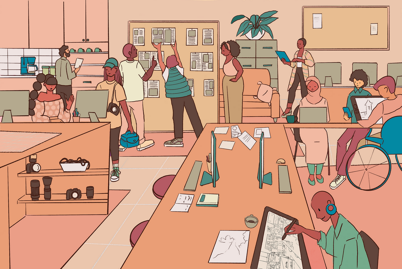 A peach-toned, cartoon-style illustration of a busy newsroom.