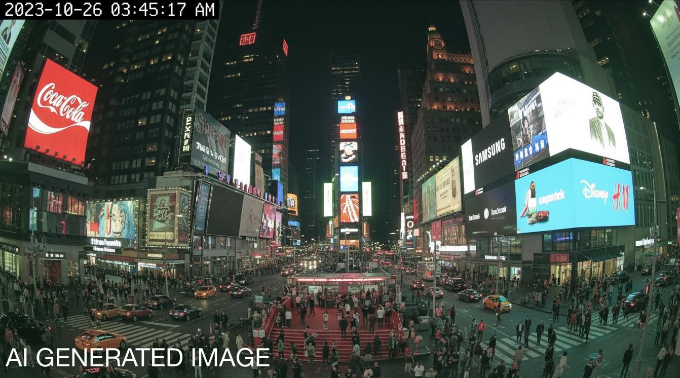 Nighttime scene of a crowded Times Square with bright billboards, taxis, and pedestrians, labeled “AI Generated Image.”
