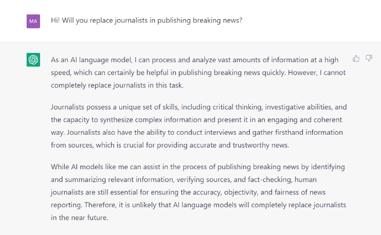 A screenshot of a chat exchange with ChatGPT. The question is: "Will you replace journalists in publishing breaking news?" The answer is that, while tools like ChatGPT can assist journalists in their work, they cannot completely replace them.