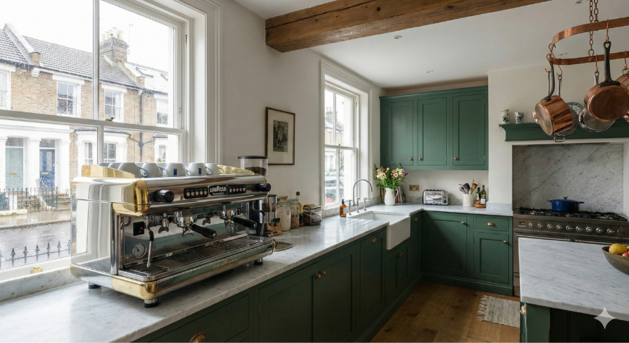 A kitchen with green cabinets and a machine

AI-generated content may be incorrect.