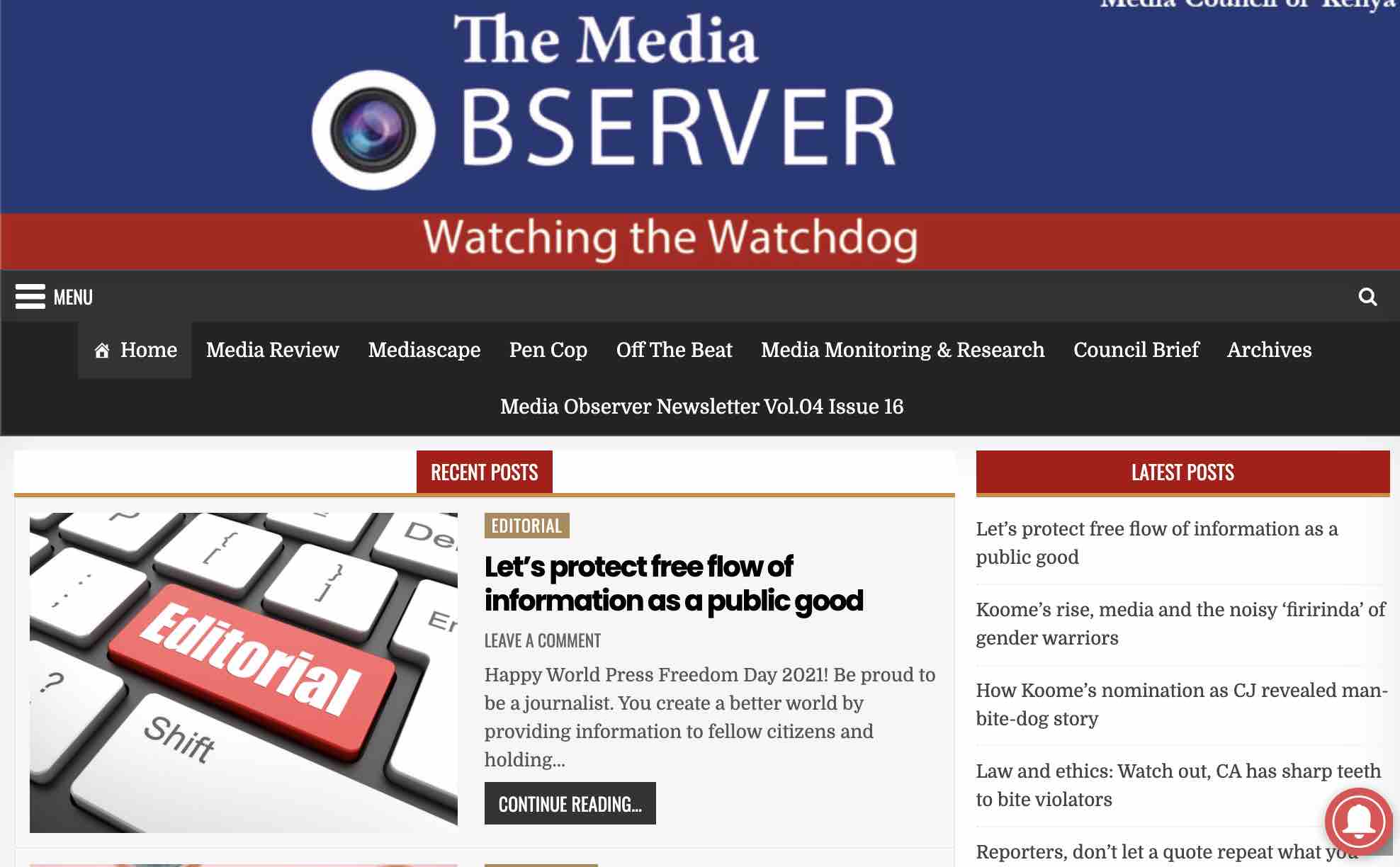 Screengrab of MediaObserver.ke on 10 May, 2021