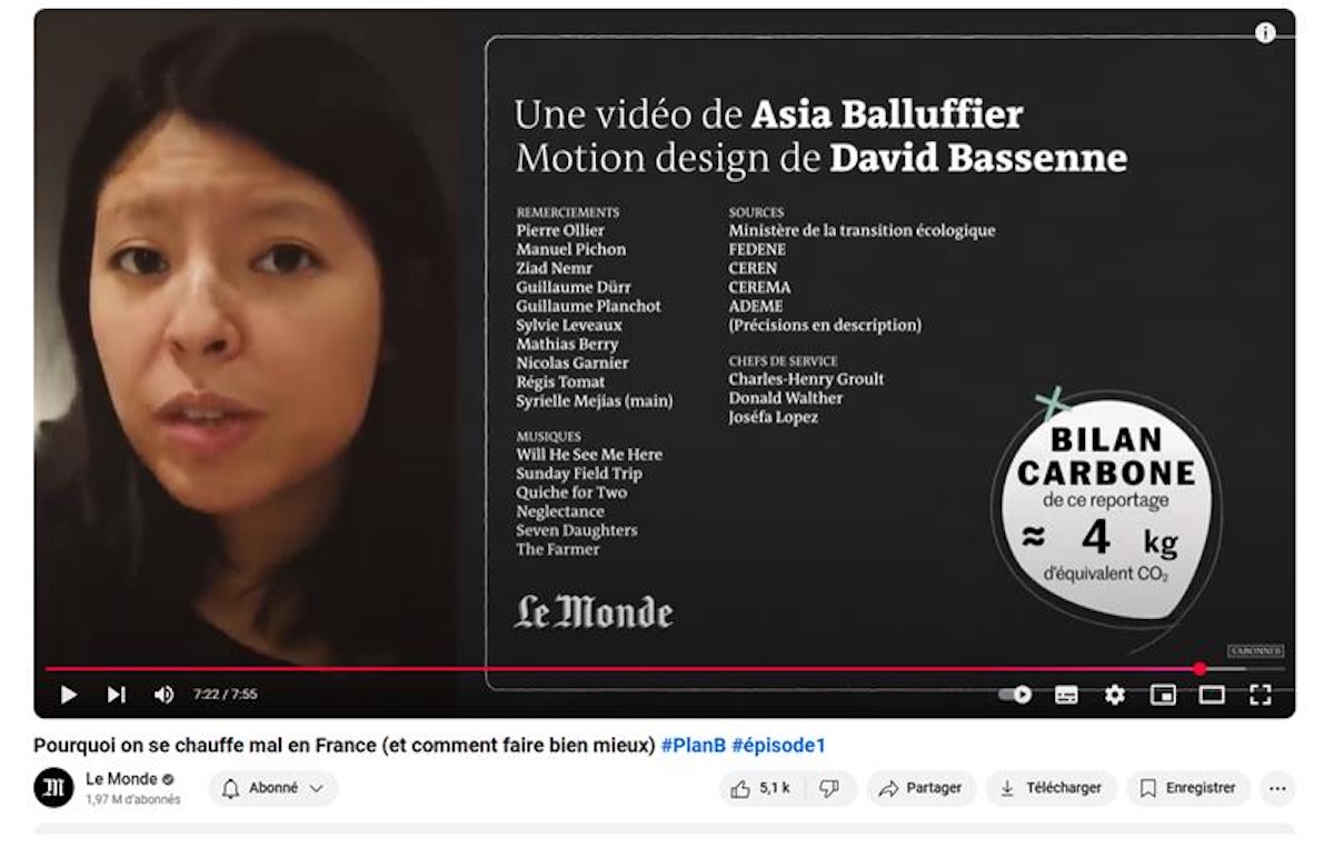 A screenshot of the credits reel of one of Le Monde's 'Plan B' videos, which lists the carbon footprint of the video as 4 kg of CO2.