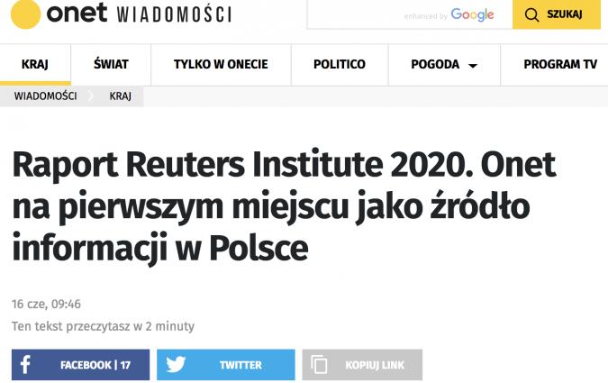 Onet.pl, 16 June 2020  Reuters Institute for the Study of Journalism