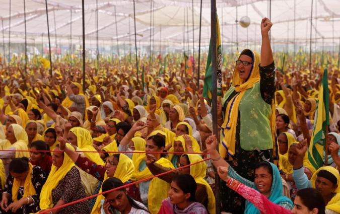 Women farmers attend a protest against farm laws on the occassion of International Women's Day at Bahadurgar near Haryana-Delhi border, India, March 8, 2021. REUTERS/Danish Siddiqui