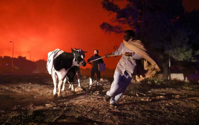 Locals evacuate the area with their animals as a wildfire rages in the suburb of Thrakomakedones, north of Athens, Greece, August 7, 2021. REUTERS/Giorgos Moutafis