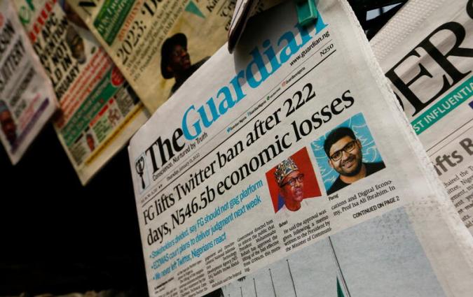 Newspapers feature Nigeria government's lifting of Twitter ban in January 2022. REUTERS/Afolabi Sotunde