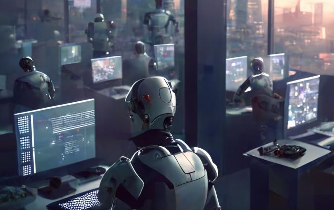 An AI-generated image of robots working on laptops in a modern-looking office.