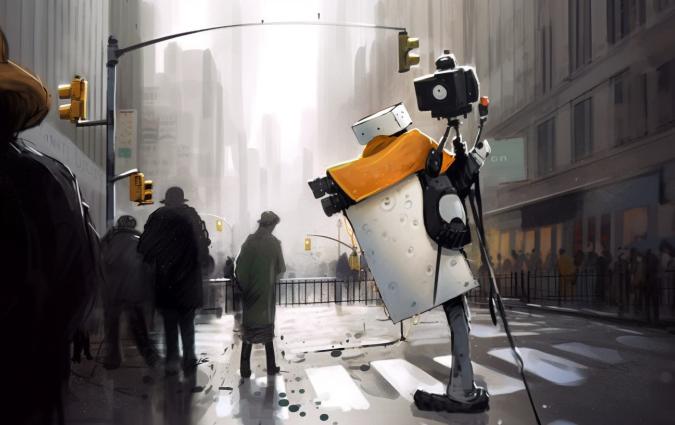 An image of a robot taking picture generated by AI software Midjourney. 