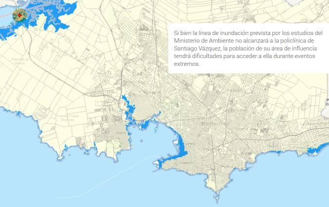 A screenshot of a map showing the coastal areas of Montevideo that are predicted to be submerged by rising sea levels.