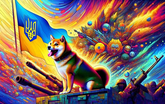 A Shiba Inu dog sits at the foreground of a colourful explosion of memes and emojis.