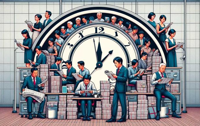 Generative AI illustration shows different generations of Singaporean journalists working around a clock