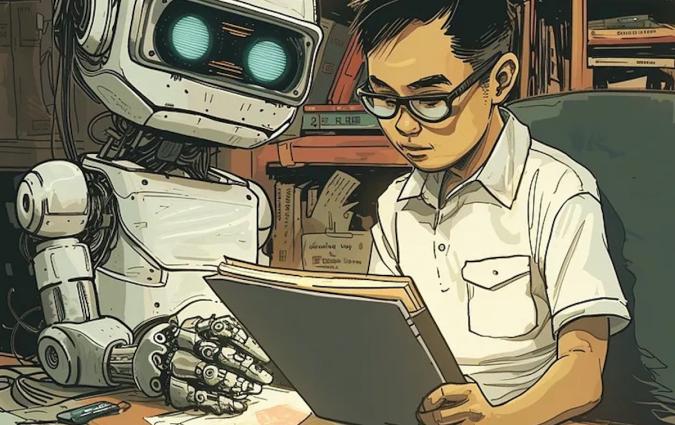 An image generated by Midjourney from the prompt “A Filipino journalist and a friendly robot working side by side in a newsroom.” 