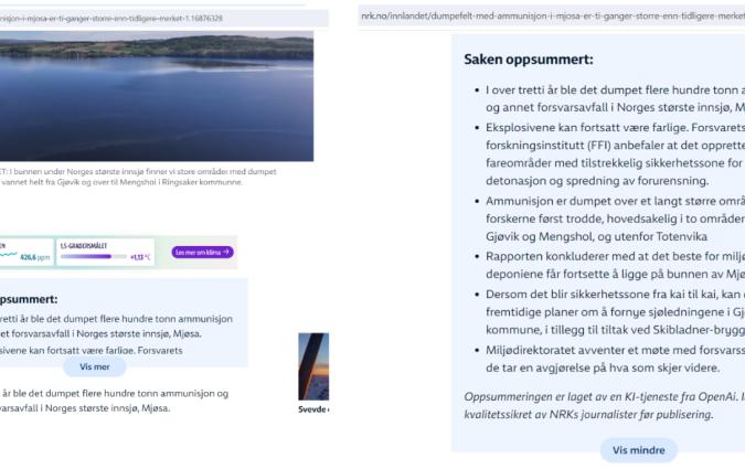 Two screenshots side-by-side showing a closed and opened summary box on an article page on the NRK website. The text in the summary box is organised in six bullet points.