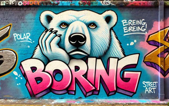 Graffiti on a wall of a bored polar bear, above the word "boring"