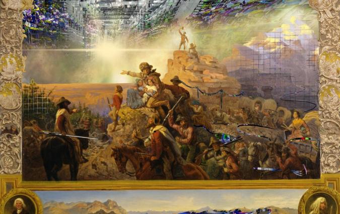 A digital collage merging an ornate historical painting of a pioneer scene with images of data and wires. The painting is partially glitched, with sections of digital circuitry and matrix-like grids overtaking the classical imagery. In the scene, pioneers on horseback and on foot appear to be embarking on a journey, but the technological distortion dominates the background, blending history with a sci-fi aesthetic. 