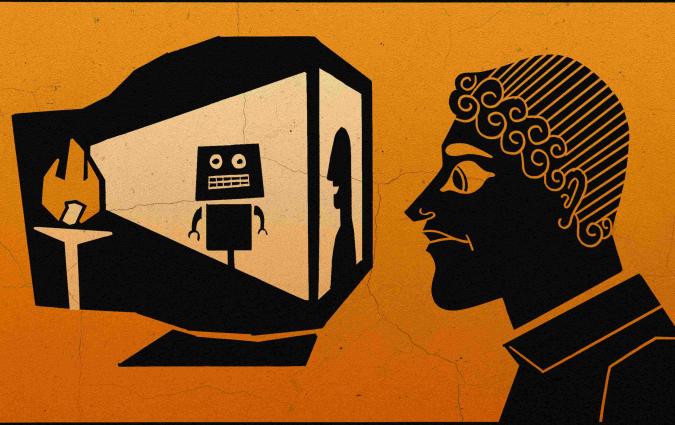 We're looking sideways at a man staring inside a transparent desktop computer, inside which a flame is projecting a robot, visible to us looking sideways at the computer, but which to the man appears as a human silhouette. The illustration is in the style of ancient Greek pottery painting, and recalls the allegory of Plato's cave.