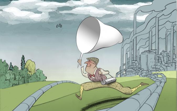An illustration of a man, dressed in old-fashion hunting gear, with a large butterfly net running after a small puff of CO2 (carbon dioxide).