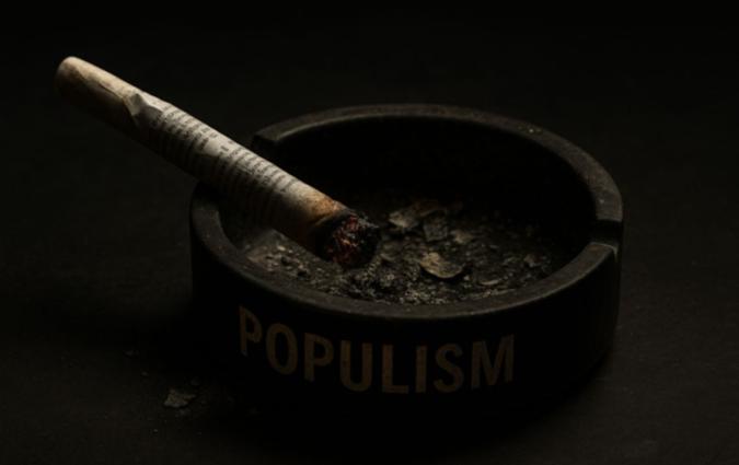 A joint rolled with newspaper burns in a dirty ashtray labelled "populism"