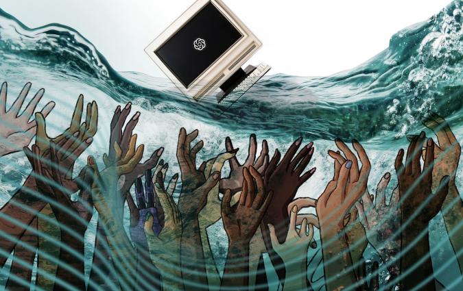 A computer monitor with a parody of a tech company logo floats on the waves while human hands reach up from the depths.