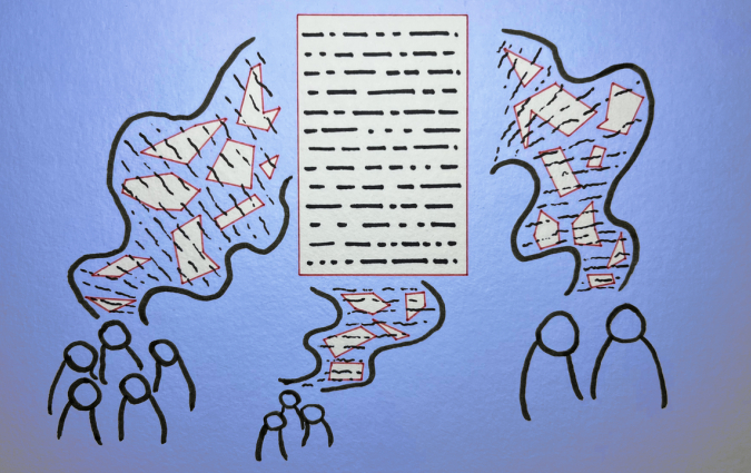 Three groups of icons representing people have shapes travelling between them and a page in the middle of the image. The page is a simple rectangle with straight lines representing data. The shapes traveling towards the page are irregular and in squiggly bands.