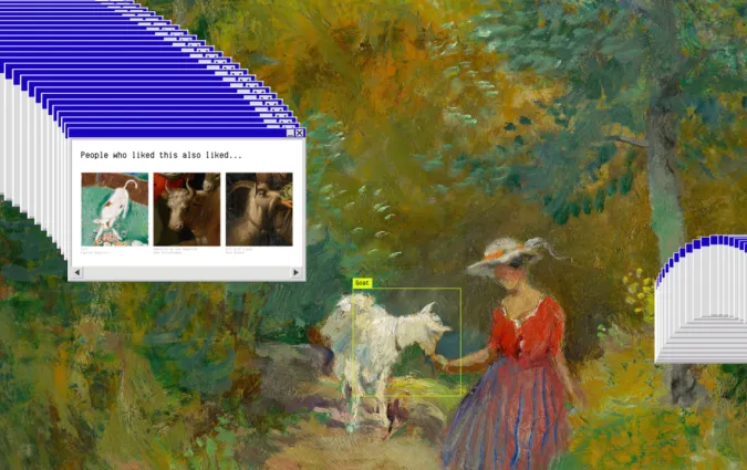The collage shows multiple repeated tabs with the words "people who liked this also liked...". In the middle, there is a painting of a woman feeding a goat. The goat has been highlighted in a yellow bounding box. The background is a painted nature scene. 