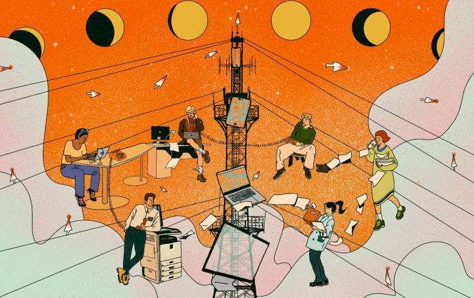 The undying sun hangs in the sky, as people gather around signal towers, working through their digital devices.