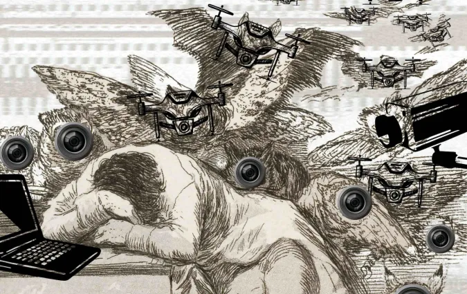 A digital collage based on Goya’s etching showing a person asleep at a desk. The figure leans forward with their head on their arms. Around them hover many small drones and large video surveillance cameras, replacing the original owls and bats. A laptop sits open on the desk. Faint text on the desk reads “The sleep of reason produces monsters.” A label over the word “reason” says “AUTONOM-IA.” The overall effect suggests technology watching and controlling a passive person