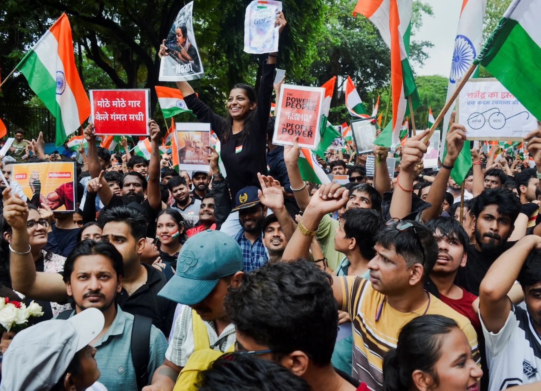 Protestors chant slogans as they celebrate the resignation of Indian Education Minister, Dharmendra Pradhan, in Mumbai on 26 July 2026. REUTERS/Indranil Aditya