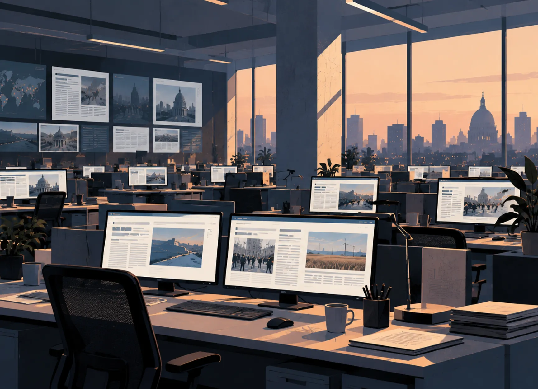 Quiet Newsroom at Golden Hour: AI-generated illustration created using OpenAI’s DALL·E.