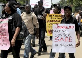 Journalists protest to mark World Press Freedom day in Lagos. REUTERS/Akintunde Akinleye 