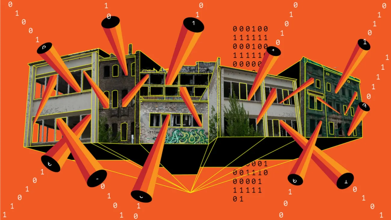 A dilapidated grey building is seen as in a 3D plan against a bright red background. 0s and 1s represent data streaming out of the windows and gaps in the roof.