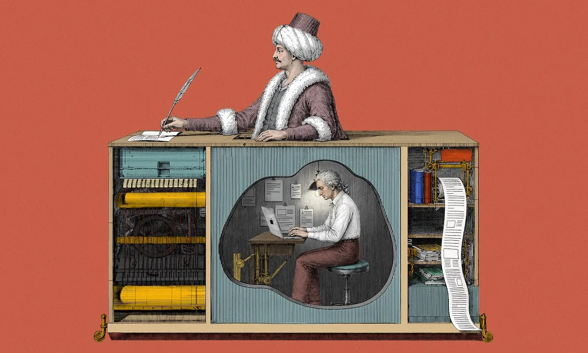 Here is a short alt text for the image train-ai_final.jpg:  An illustration of the Mechanical Turk chess-playing automaton concept, reimagined with a modern twist: a man in traditional Ottoman attire sits atop a large mechanical cabinet writing with a quill, while a cutout reveals a 18th-century attired man secretly working inside at a desk with a modern laptop.
