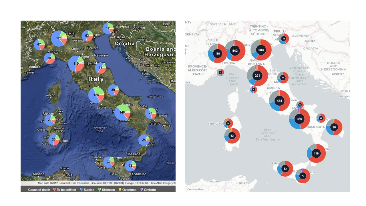 Side-by-side maps of Italy showing regional pie-chart markers with numbers. The left map uses satellite imagery with a legend for causes of death; the right map uses a simplified basemap with larger red, blue, and dark markers across Italian regions.