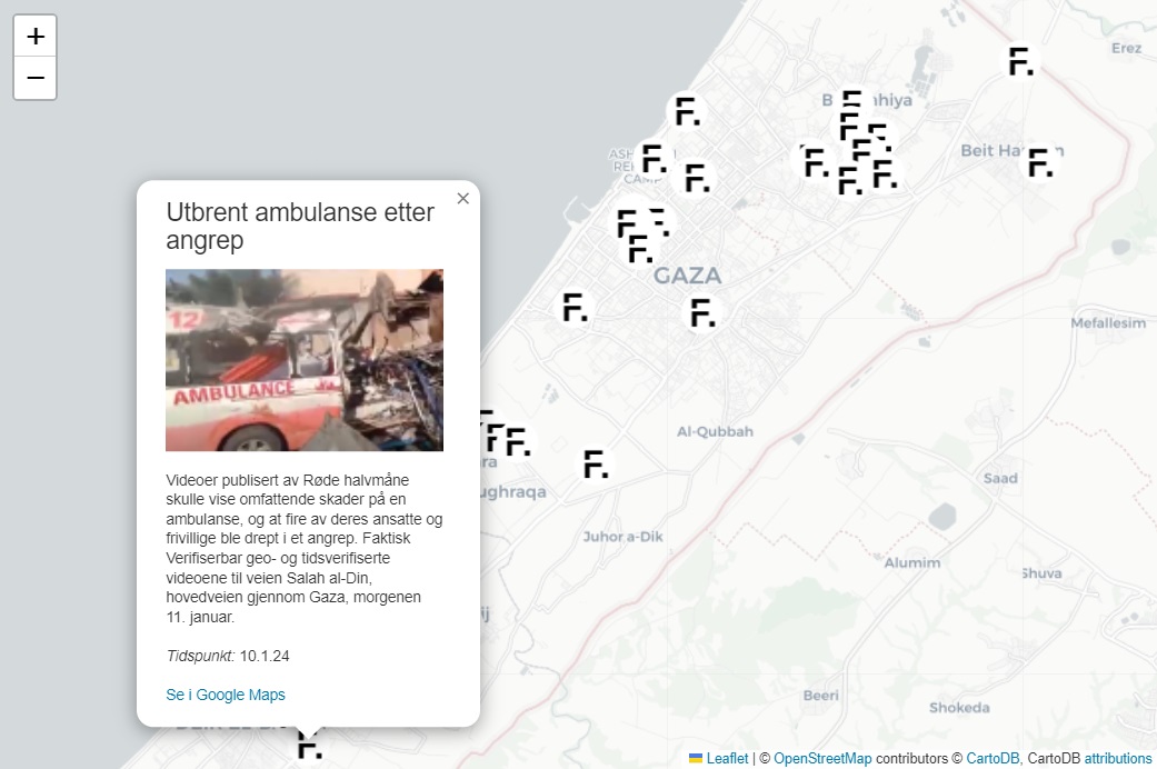 A screengrab of Faktisk Verifiserbar's map made assisted by AI which verifies images and videos showing attacks on hospitals and schools in the Middle East.